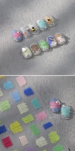 Detail of colorful woven grid nail stickers with pearls and metallic beads decoration