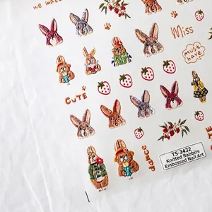 5D Geprägt Nagelkunst Aufkleber Stickerei Hase Blume Design Süßer Cartoon Maniküre Abziehbilder DIY Dekoration
