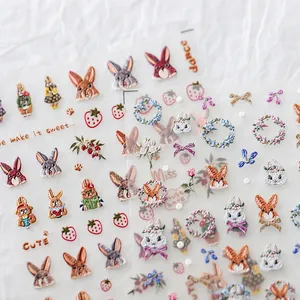 5D geprägte Nagelkunst-Sticker mit süßen bestickten Kaninchen- und Bären-Illustrationen