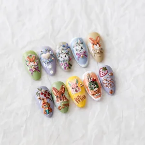 5D-geprägte Nagelaufkleber mit niedlichen 3D-Hasen und Blumenmustern in Makaronfarben