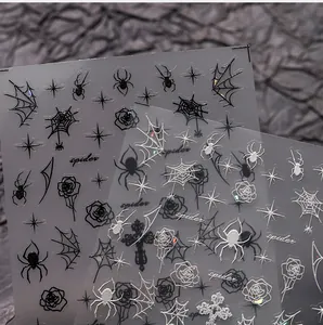 Détails de stickers ongles gothiques rose toile d'araignée avec feuille argent et mat