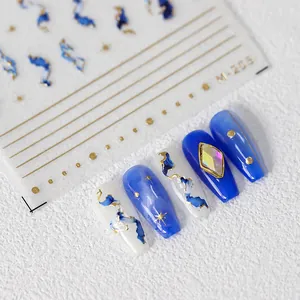 5D blue marble and gold line nail stickers M-205 with star patterns for manicures