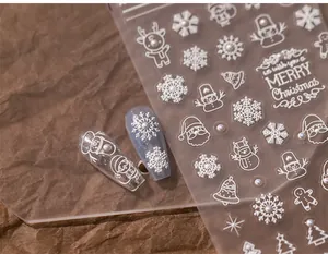 Detailed macro view of 5D white embossed Christmas nail stickers with snowflake designs