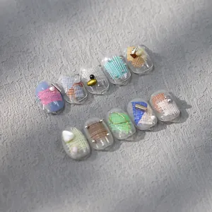 Stereo grid nail stickers with colorful woven patterns and elegant 3D pearl decorations