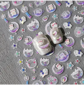 Macro di adesivi per unghie 3D con stelle rosa, orsetti sulla luna e texture glitter