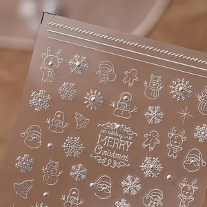 Christmas 3D Relief Nail Stickers Embossed PET Nail Decals Silver White Snowflakes Santa Claus Design For Women Nail Art Decoration