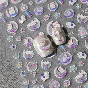 Adesivi per unghie laser 3D con simpatici orsetti spaziali, stelle e luna glitter argento