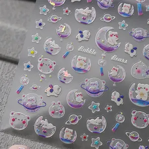 Adesivi per unghie 3D Bubble Bears con motivi di stelle glitterate rosa e viola