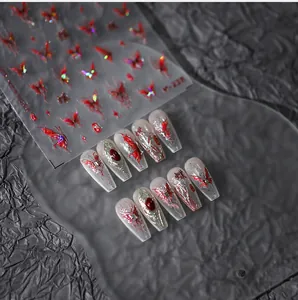 Macro detail of red butterfly 3D nail stickers with long trapezoid press-on nail art M-228