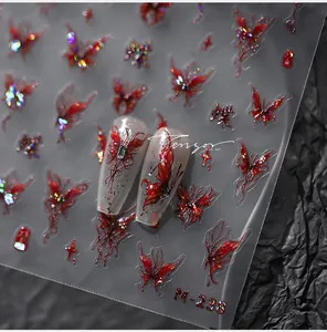 Red holographic butterfly nail art stickers M-238 with Gothic 3D embossed texture