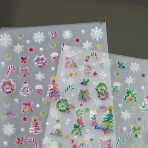 5D Christmas embossed nail stickers featuring holographic snowflakes and festive trees
