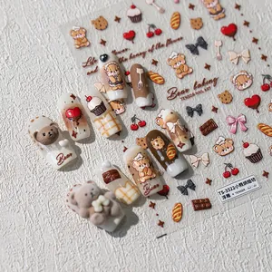 3D embossed bear baking themed nail art stickers with cute cake and cherry designs