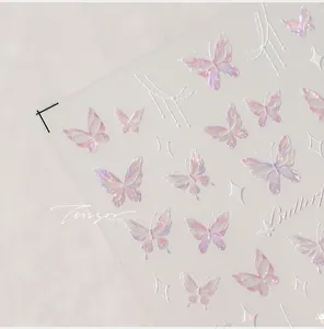 Macro detail of iridescent butterfly nail art stickers with purple pearlescent finish