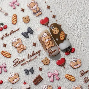 3D Embossed Nail Art Stickers Bear Baking Theme Self Adhesive PET Cartoon Bread Cupcake Bow Design Cute Manicure Decor