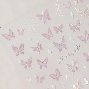 Stereoscopic iridescent butterfly nail stickers in soft pink purple with star patterns