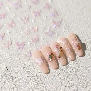 Iridescent butterfly 3D nail stickers with apricot long coffin press-on nails set