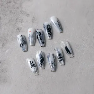 Detail of New Chinese ink style dragon pattern nail stickers with calligraphy design