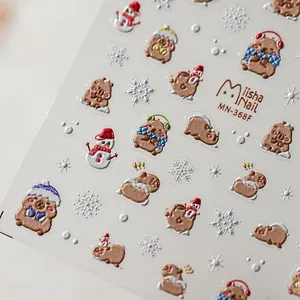 3D embossed nail stickers featuring winter capybara and snowman designs for manicure