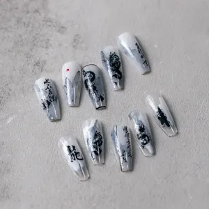 Ink dragon theme long coffin press-on nails with traditional Chinese calligraphy designs