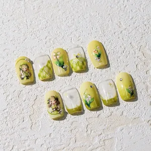 Adesivi per unghie a rilievo mughetto con design carino in giallo e verde fresco