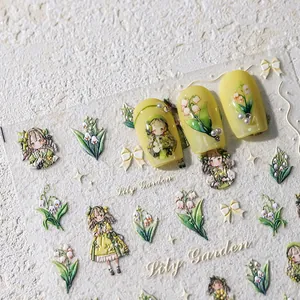 Adesivi per unghie 5D a rilievo Lily Garden con motivi floreali gialli e illustrazioni di ragazze