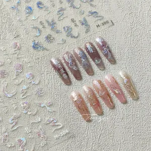 Detailed holographic dragon and phoenix nail art stickers with traditional motifs