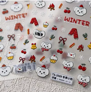 Detailed 5D relief nail art stickers with cute winter puppy and Christmas patterns