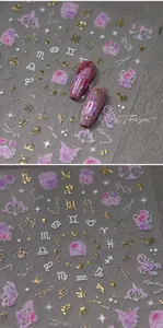 Detail of cartoon zodiac nail stickers with purple patterns and golden foil symbols