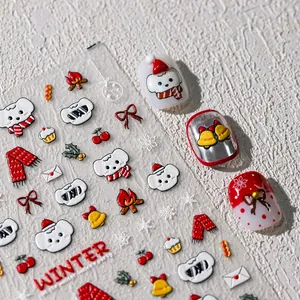 Embossed Nail Art Stickers Winter Puppy Christmas Theme PET Adhesive Nail Decals For Women DIY Manicure Decoration