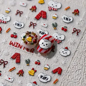 Winter puppy 3D embossed nail stickers with Christmas dog, snowflakes and red bows
