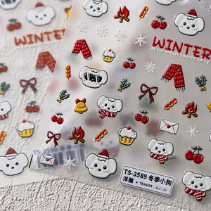 Winter puppy 3D embossed nail stickers featuring puppies and snowflakes TS-3589