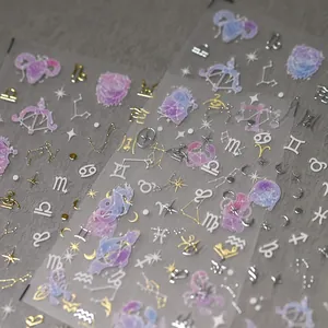 Cartoon zodiac nail stickers with metallic gold and silver celestial constellation patterns