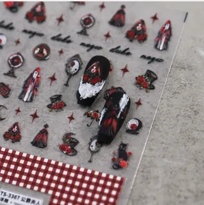 Macro shot of 5D embossed gothic nail stickers featuring duchess and rose patterns