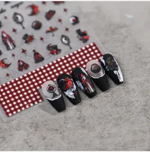 Gothic 5D nail art stickers featuring black cats and red roses on gradient press-on nails