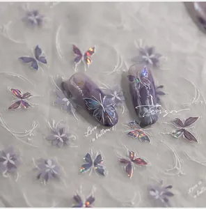 Macro detail of 5D lilac butterfly nail stickers with holographic laser gold stamping effects