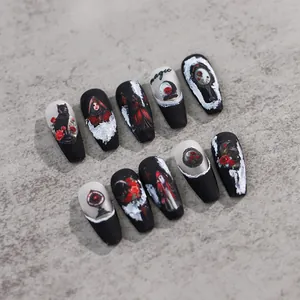 5D gothic long coffin press-on nails with dark roses, black cats, and magic mirror patterns
