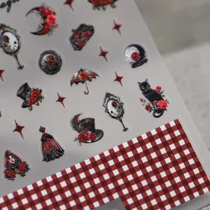 5D embossed nail art stickers with gothic rose and cat motifs on light grey background