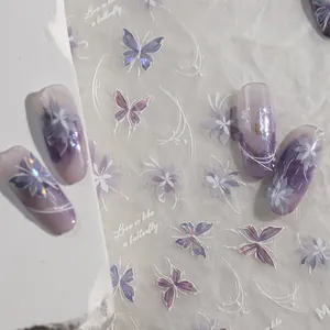 Purple Butterfly Holographic Nail Stickers Laser Flower Self-Adhesive Nail Art Decals For Women DIY Manicure Decoration