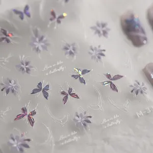 Self-adhesive purple holographic butterfly and floral nail art stickers with gold stamping