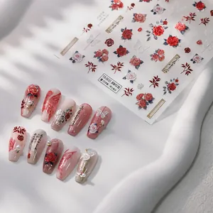 3D embossed floral nail stickers featuring red roses and butterflies with matte finish