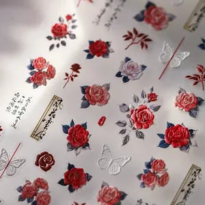 Floral nail stickers with roses and butterflies in traditional Chinese aesthetic