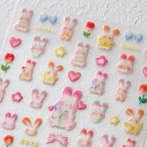 Pegatinas 3D con relieve de conejo animado para uñas con lindos motivos de flores