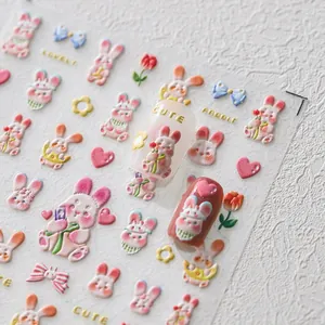 Pegatinas 3D para uñas con relieve de conejos lindos y suaves corazones en colores pastel