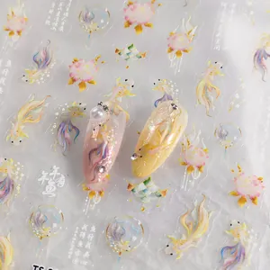 Chinese Style Gold Foil Nail Art Stickers 3D Relief Koi Fish Floral Design Manicure Decoration Adhesive Nail Decals