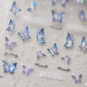 Exquisite purple and blue laser butterfly nail stickers with gold stamping glitter details