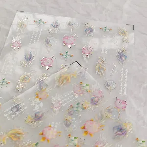 Chinese style koi fish nail art stickers with gold foil peonies and lotus on transparent PET
