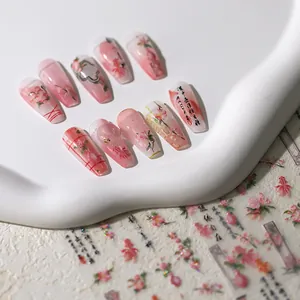 Chinese ink wash style long ballerina nails with gold plum blossom and goldfish design