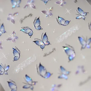 Holographic butterfly nail stickers with 3D gradient purple and blue laser designs