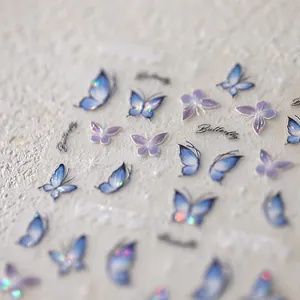 Exquisite blue and purple butterfly nail art stickers with 3D embossed holographic finish