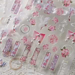 Chinese style 5D butterfly embossed nail stickers with lotus and crane motifs